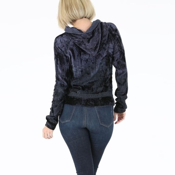 Embroidered Velvet Hooded Jacket NWT • Dark Navy • Button Front Long Sleeve - Picture 3 of 3